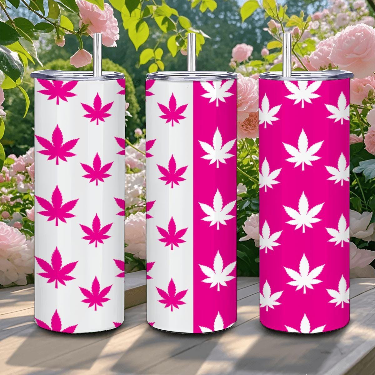 ColorFlow | Neon Pink Split Leaf Tumbler 20oz | Trendy Cannabis Stainless Steel Cup | Weed Lover Gift with Straw