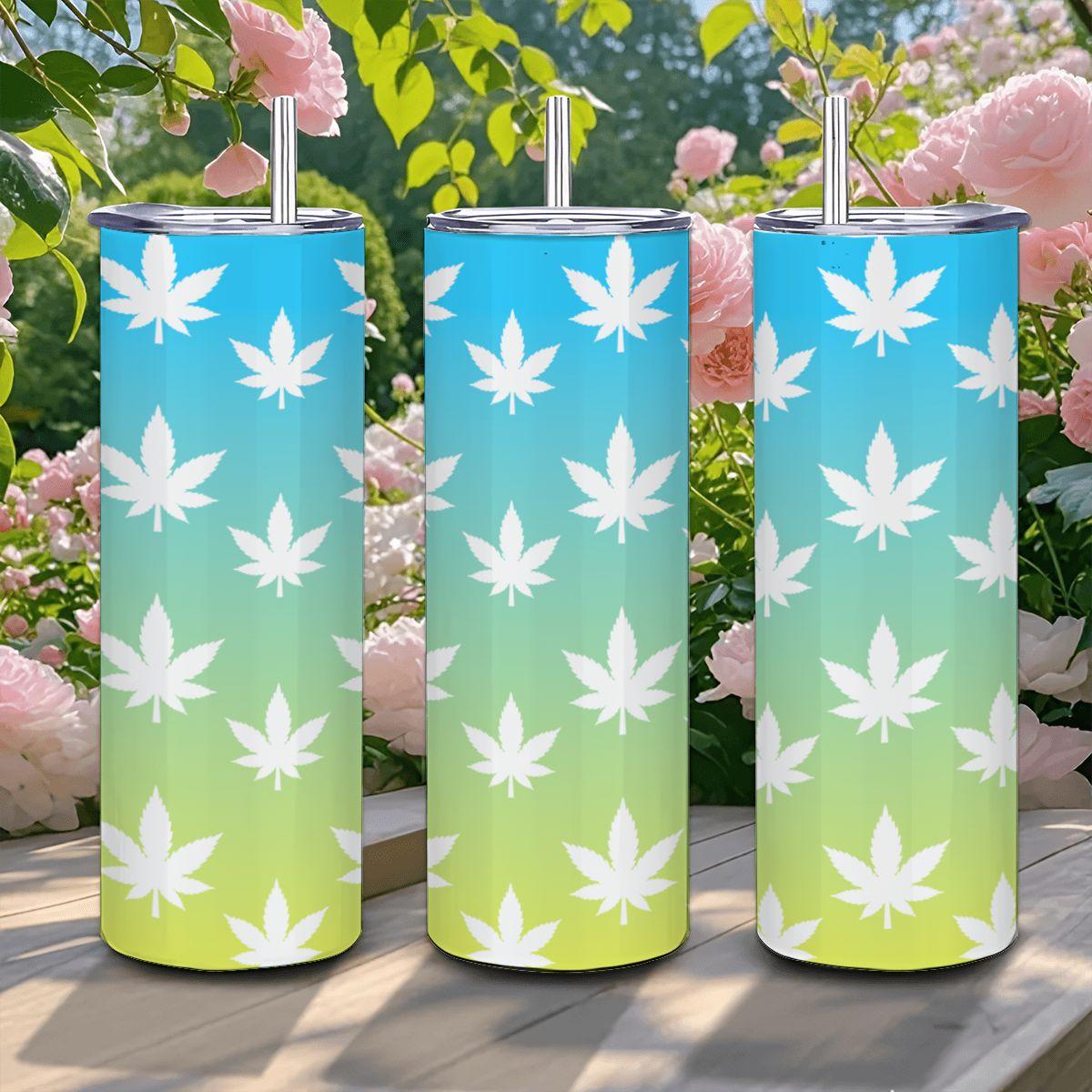 ColorFlow | Pastel Sky Leaf Tumbler 20oz | Blue Yellow Cannabis Stainless Steel Cup | Weed Gift with Straw
