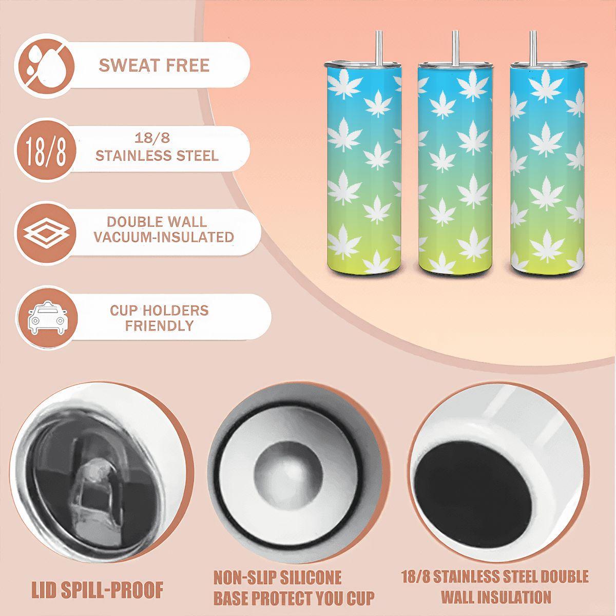 ColorFlow | Pastel Sky Leaf Tumbler 20oz | Blue Yellow Cannabis Stainless Steel Cup | Weed Gift with Straw