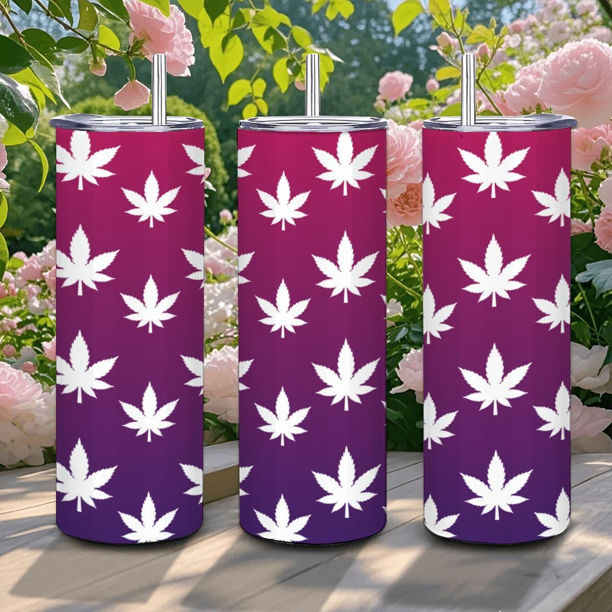 ColorFlow | Magenta Dream Leaf Tumbler 20oz | Purple Gradient Cannabis Steel Cup | Weed Gift for Stoner Women