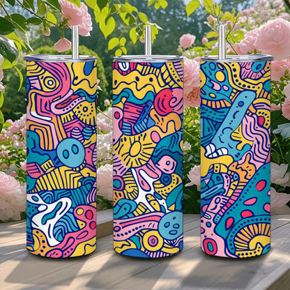 ColorFlow | Colorful Doodle Art Tumbler | 20oz Stainless Steel Tumbler with Straw | Funky Abstract Travel Mug | Artistic Gift