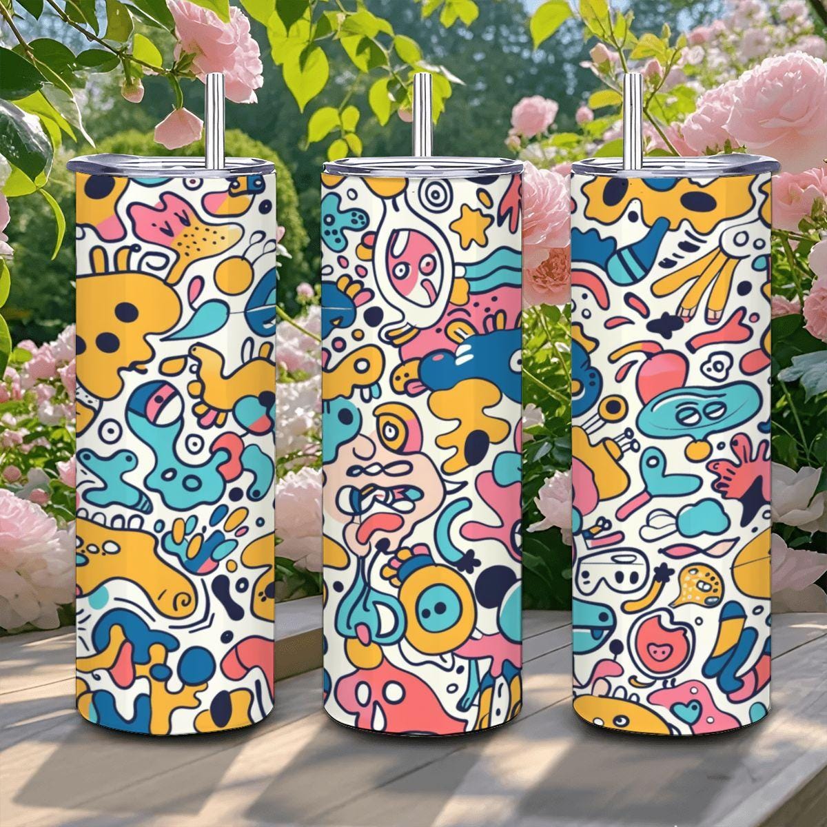 ColorFlow | Whimsical Cartoon Doodle Tumbler | 20oz Stainless Steel Tumbler with Straw | Playful Colorful Art Mug