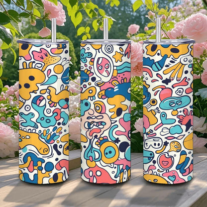 ColorFlow | Whimsical Cartoon Doodle Tumbler | 20oz Stainless Steel Tumbler with Straw | Playful Colorful Art Mug