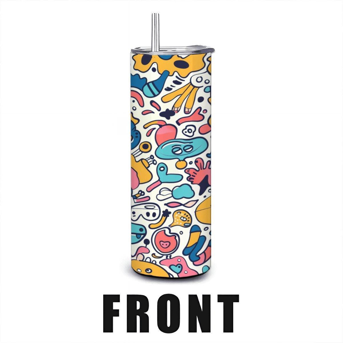 ColorFlow | Whimsical Cartoon Doodle Tumbler | 20oz Stainless Steel Tumbler with Straw | Playful Colorful Art Mug