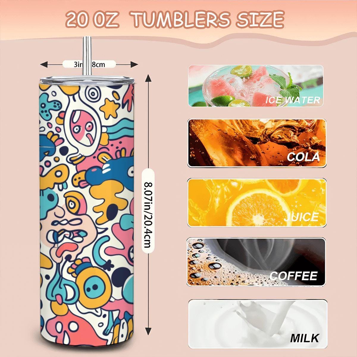 ColorFlow | Whimsical Cartoon Doodle Tumbler | 20oz Stainless Steel Tumbler with Straw | Playful Colorful Art Mug