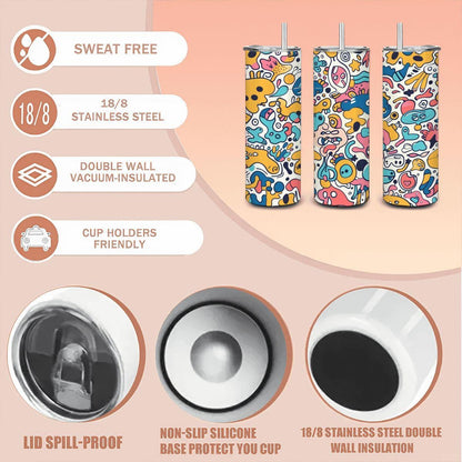 ColorFlow | Whimsical Cartoon Doodle Tumbler | 20oz Stainless Steel Tumbler with Straw | Playful Colorful Art Mug