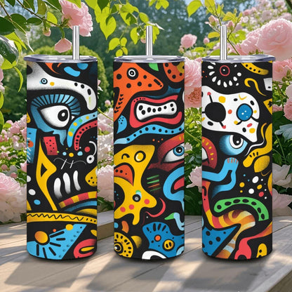 ColorFlow | Bold Pop Art Surreal Tumbler | 20oz Stainless Steel Tumbler with Straw | Colorful Abstract Eyes Mug