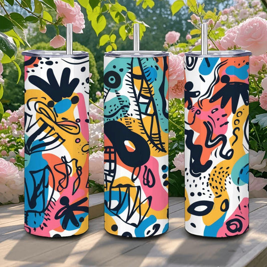 ColorFlow | Colorful Abstract Expressionist Tumbler | 20oz Stainless Steel Tumbler with Straw | Artistic Doodle Travel Mug