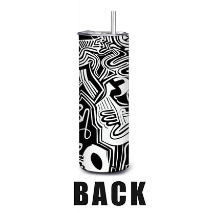 ColorFlow | Urban Graffiti Doodle Tumbler | 20oz Stainless Steel Tumbler with Straw | Black White Abstract Art Mug