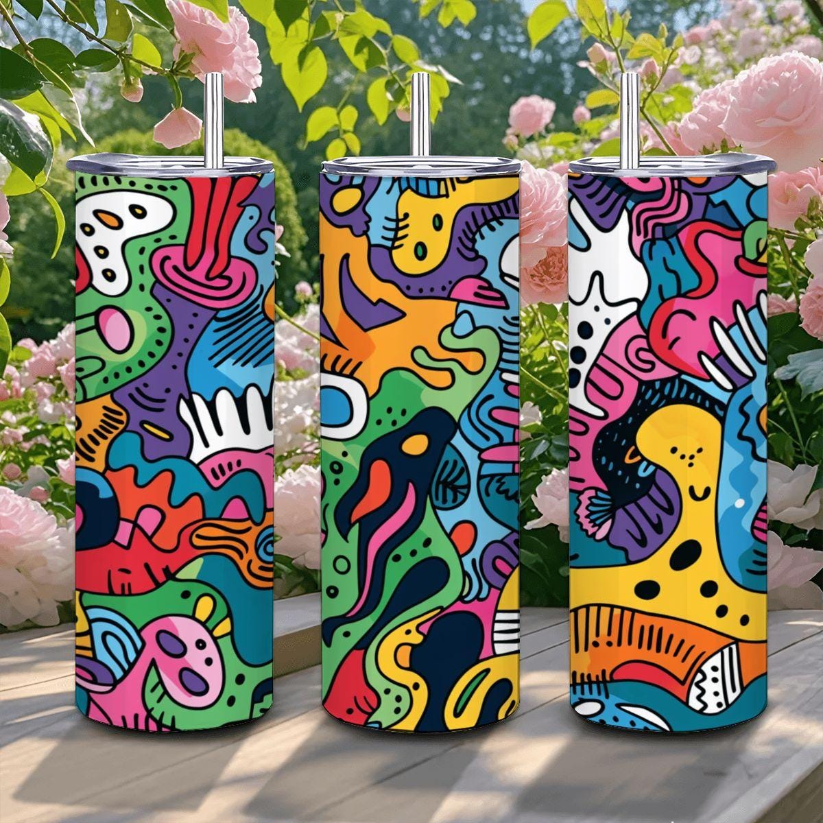 ColorFlow | Vibrant Playful Creatures Tumbler | 20oz Stainless Steel Tumbler with Straw | Colorful Abstract Art Mug