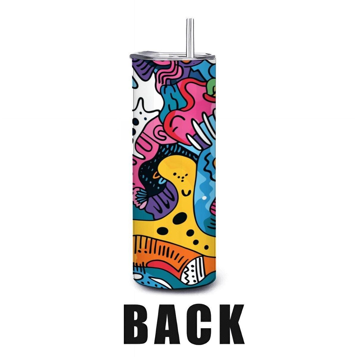 ColorFlow | Vibrant Playful Creatures Tumbler | 20oz Stainless Steel Tumbler with Straw | Colorful Abstract Art Mug