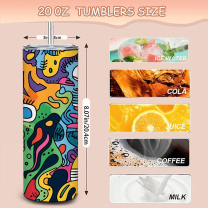 ColorFlow | Vibrant Playful Creatures Tumbler | 20oz Stainless Steel Tumbler with Straw | Colorful Abstract Art Mug