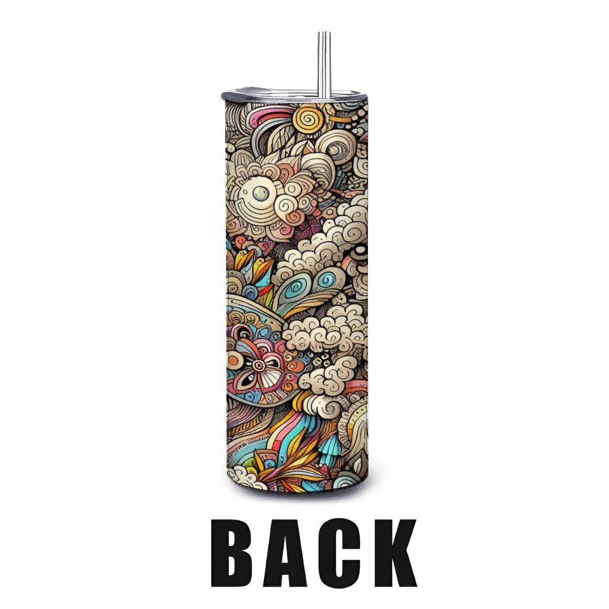 ColorFlow | Whimsical Cloud Doodle Tumbler | 20oz Stainless Steel Tumbler with Straw | Hand Drawn Doodle Art Mug
