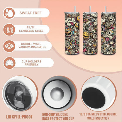 ColorFlow | Playful Emoji Doodle Tumbler | 20oz Stainless Steel Tumbler with Straw | Fun Cartoon Cloud Doodle Mug