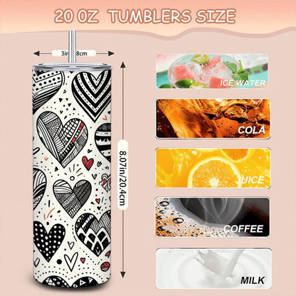 ColorFlow | Hand Drawn Hearts Doodle Tumbler | 20oz Stainless Steel Tumbler with Straw | Love Heart Art Gift Mug
