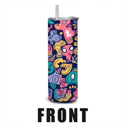 ColorFlow | Cute Doodle Creatures Tumbler | 20oz Stainless Steel Tumbler with Straw | Fun Cartoon Art Mug