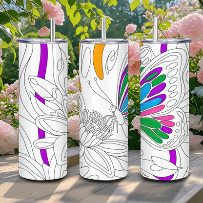 ColorFlow | Butterfly Garden 20oz Stainless Steel Tumbler with Straw | Floral Art Insulated Travel Mug | Eco Reusable Cup