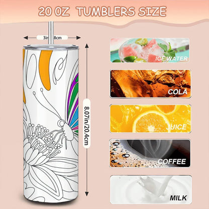 ColorFlow | Butterfly Garden 20oz Stainless Steel Tumbler with Straw | Floral Art Insulated Travel Mug | Eco Reusable Cup