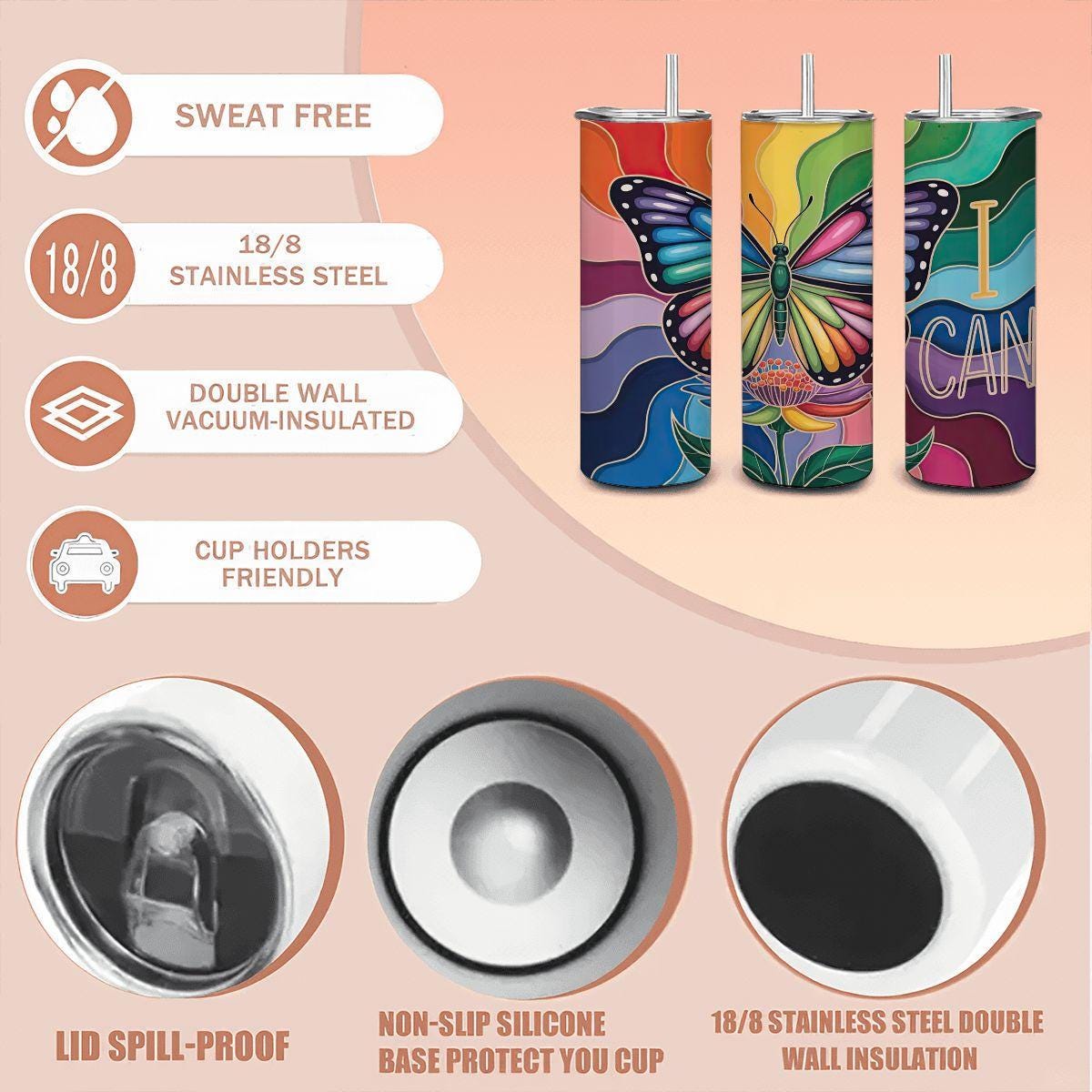 ColorFlow | I Can Rainbow Butterfly 20oz Stainless Steel Tumbler with Straw | Motivational Art Travel Mug | Reusable Cup