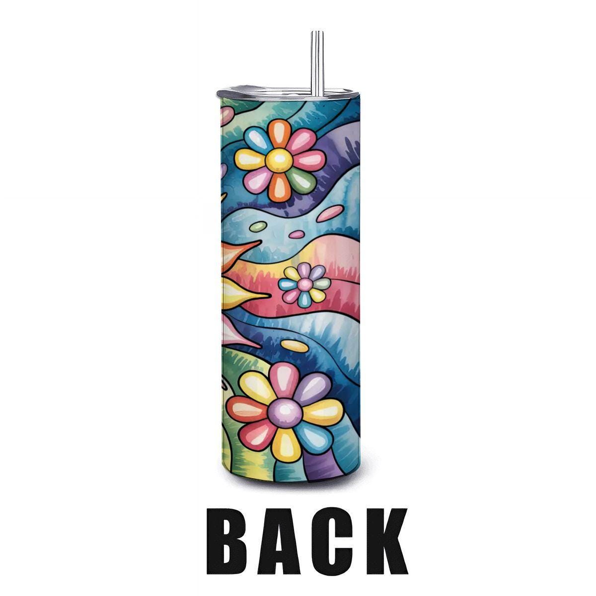 ColorFlow | Sunshine Bloom 20oz Stainless Steel Tumbler with Straw | Happy Sun Rainbow Art Travel Mug | Floral Reusable Cup