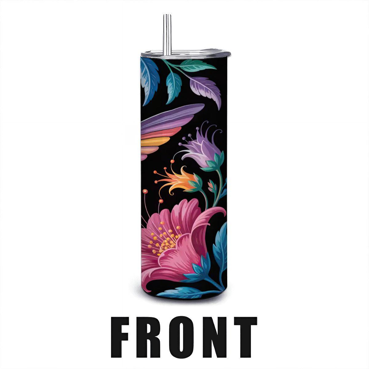 ColorFlow | Hummingbird Blossom 20oz Stainless Steel Tumbler with Straw | Colorful Floral Art Travel Mug | Reusable Cup