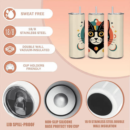 ColorFlow | Geometric Cat 20oz Stainless Steel Tumbler with Straw | Modern Cat Art Mug | Cute Animal Lover Reusable Cup