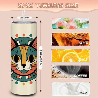 ColorFlow | Modern Orange Cat 20oz Stainless Steel Tumbler with Straw | Abstract Cat Art Mug | Cute Animal Reusable Cup