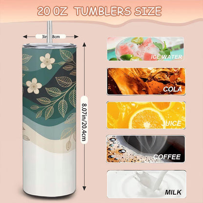 ColorFlow | Teal Botanical Elegance 20oz Stainless Steel Tumbler with Straw | Floral Art Travel Mug | Modern Reusable Cup