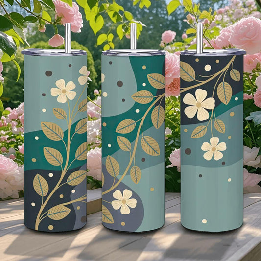 ColorFlow | Modern Botanical Floral 20oz Stainless Steel Tumbler with Straw | Teal Flower Art Travel Mug | Reusable Cup