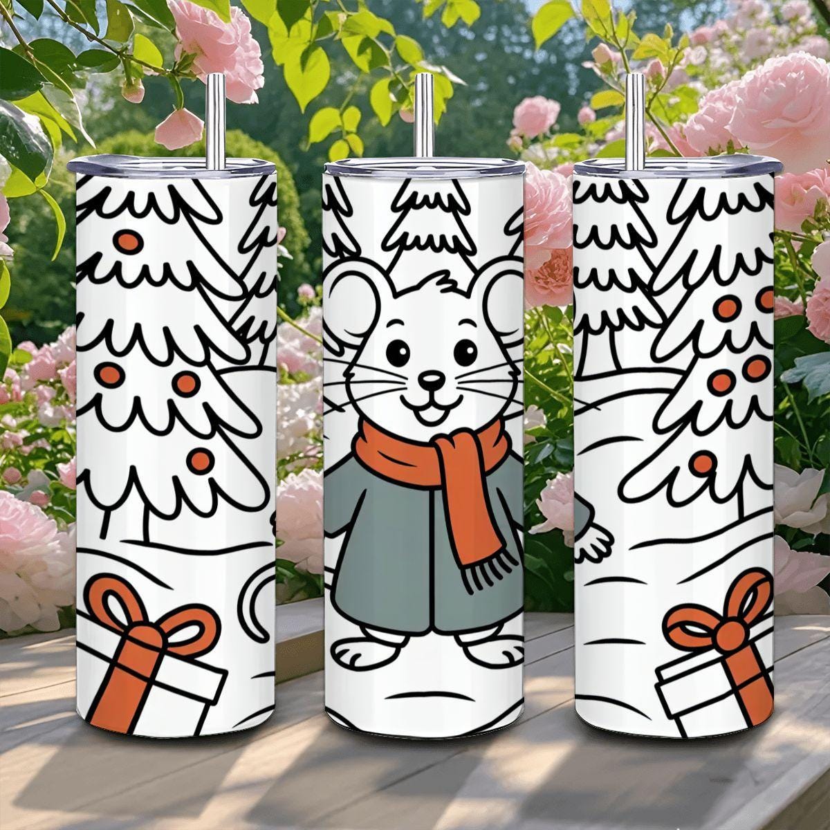 ColorFlow | Winter Mouse 20oz Stainless Steel Tumbler with Straw | Cute Holiday Animal Art Mug | Christmas Reusable Cup
