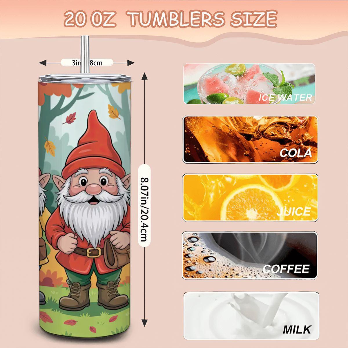 ColorFlow | Autumn Gnomes 20oz Stainless Steel Tumbler with Straw | Fall Forest Art Mug | Whimsical Reusable Cup