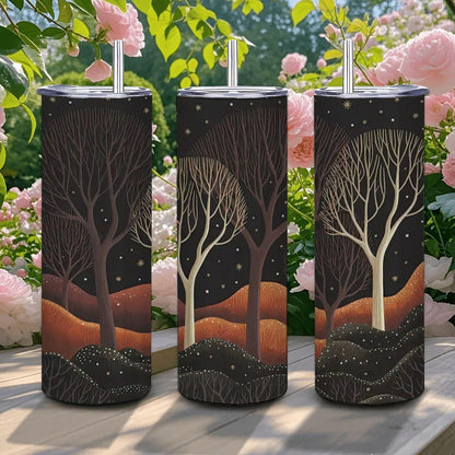 ColorFlow | Midnight Enchanted Forest Tumbler | 20oz Stainless Steel Insulated Travel Mug with Straw | Nature Starry Night Cup