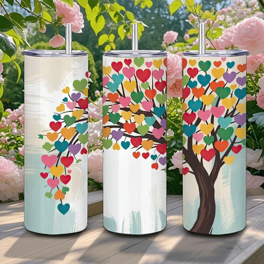 ColorFlow | Heartful Harmony Tree Tumbler | 20oz Stainless Steel Insulated Mug with Straw | Colorful Love Art Travel Cup