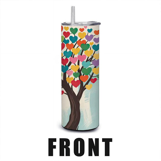 ColorFlow | Heartful Harmony Tree Tumbler | 20oz Stainless Steel Insulated Mug with Straw | Colorful Love Art Travel Cup