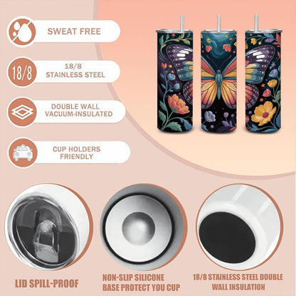ColorFlow | Moonlit Midnight Butterfly Tumbler | 20oz Stainless Steel Floral Travel Mug with Straw | Night Garden Art Cup