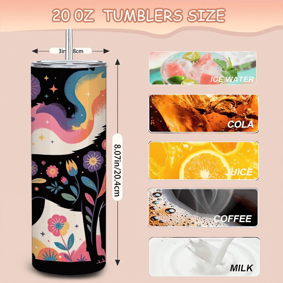 ColorFlow | Wildflower Spirit Wolf Tumbler | 20oz Stainless Steel Insulated Mug with Straw | Boho Animal Art Travel Cup