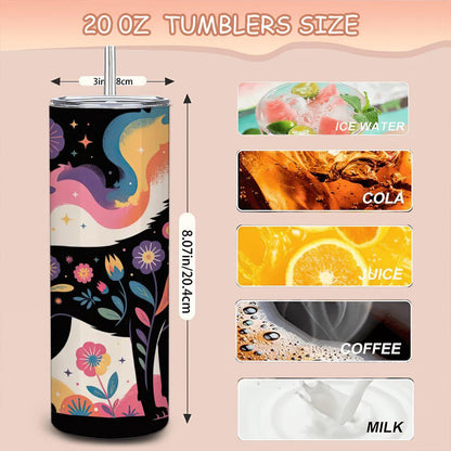 ColorFlow | Wildflower Spirit Wolf Tumbler | 20oz Stainless Steel Insulated Mug with Straw | Boho Animal Art Travel Cup