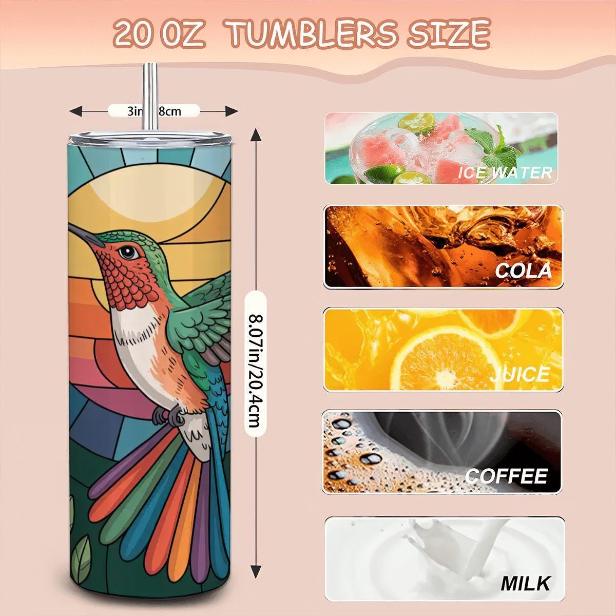 ColorFlow | Stained Glass Hummingbird Tumbler | 20oz Stainless Steel Floral Mug with Straw | Vibrant Bird Art Travel Cup