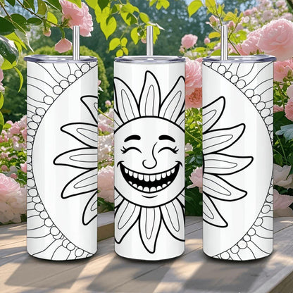 ColorFlow | Smiling Sun Art 20oz Stainless Steel Tumbler with Straw | Positive Vibes Mug | Insulated Hot Cold Cup Gift