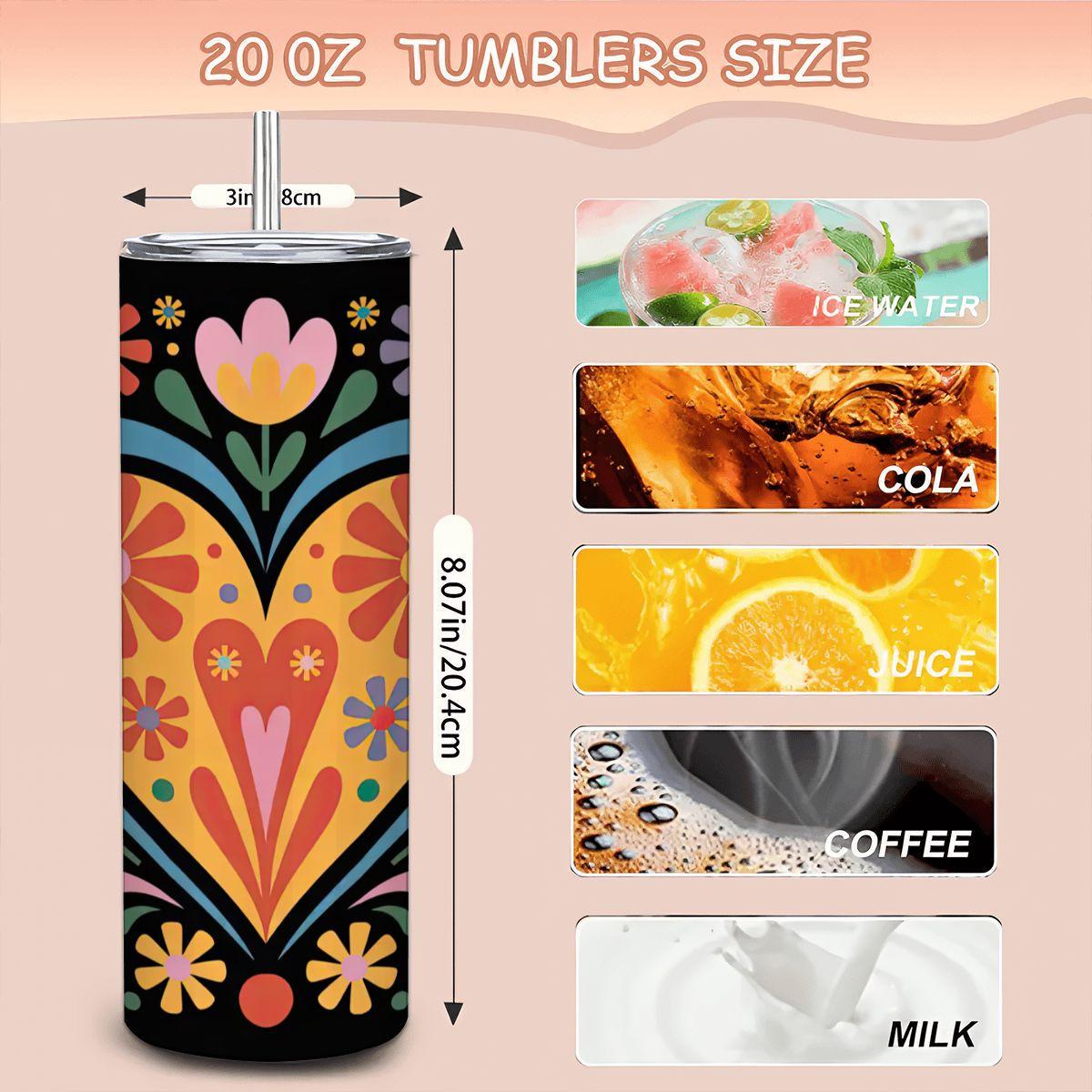 ColorFlow | Golden Heart Folk Floral 20oz Stainless Steel Tumbler with Straw | Art Mug | Insulated Colorful Gift Cup