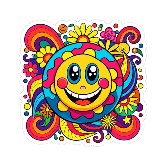 ColorFlow | Sunshine Emoji Sticker | Bright Groovy Flower Power Smiley Vinyl Decal for Water Bottles Laptops Journals Cars Decor