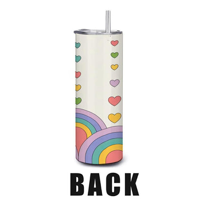 Pastel Rainbow Hearts Tumbler: Insulated Stainless Steel Cup with Straw