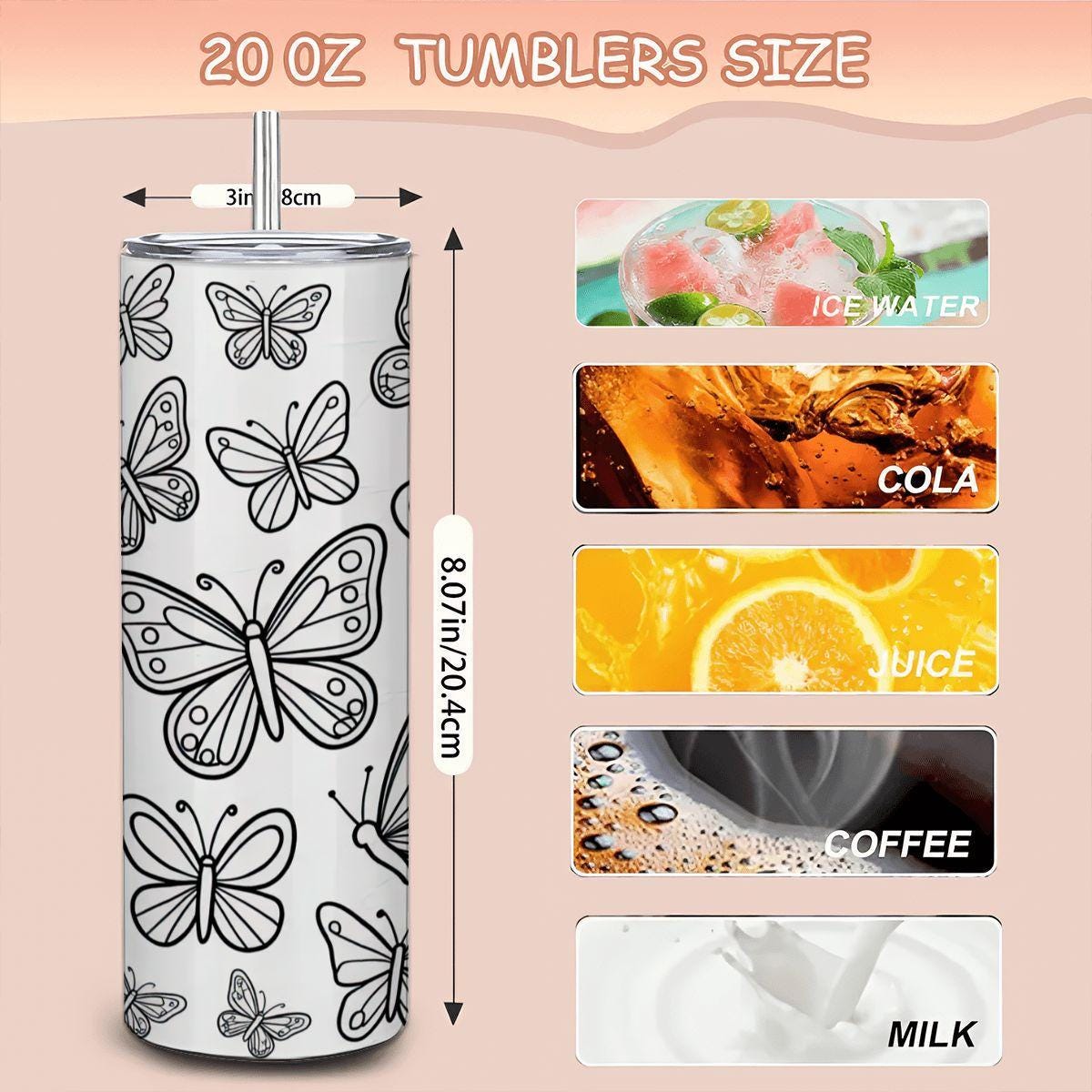 Butterfly Coloring Tumbler: DIY Stainless Steel Insulated Cup with Straw