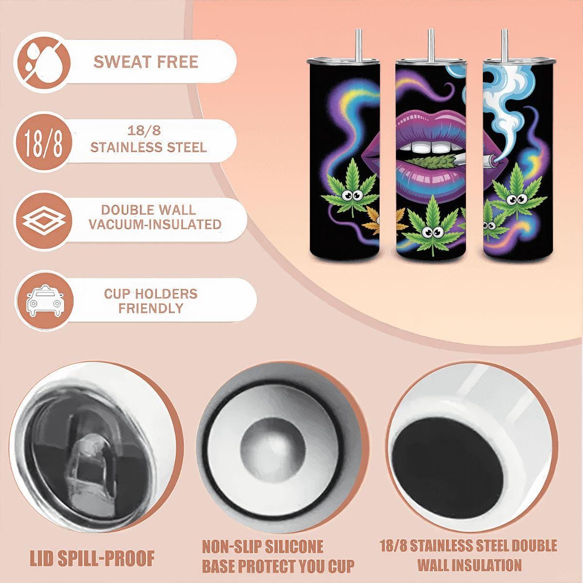 Pop Art Leaf Lips Tumbler: Retro Colorful Stainless Steel Insulated Mug