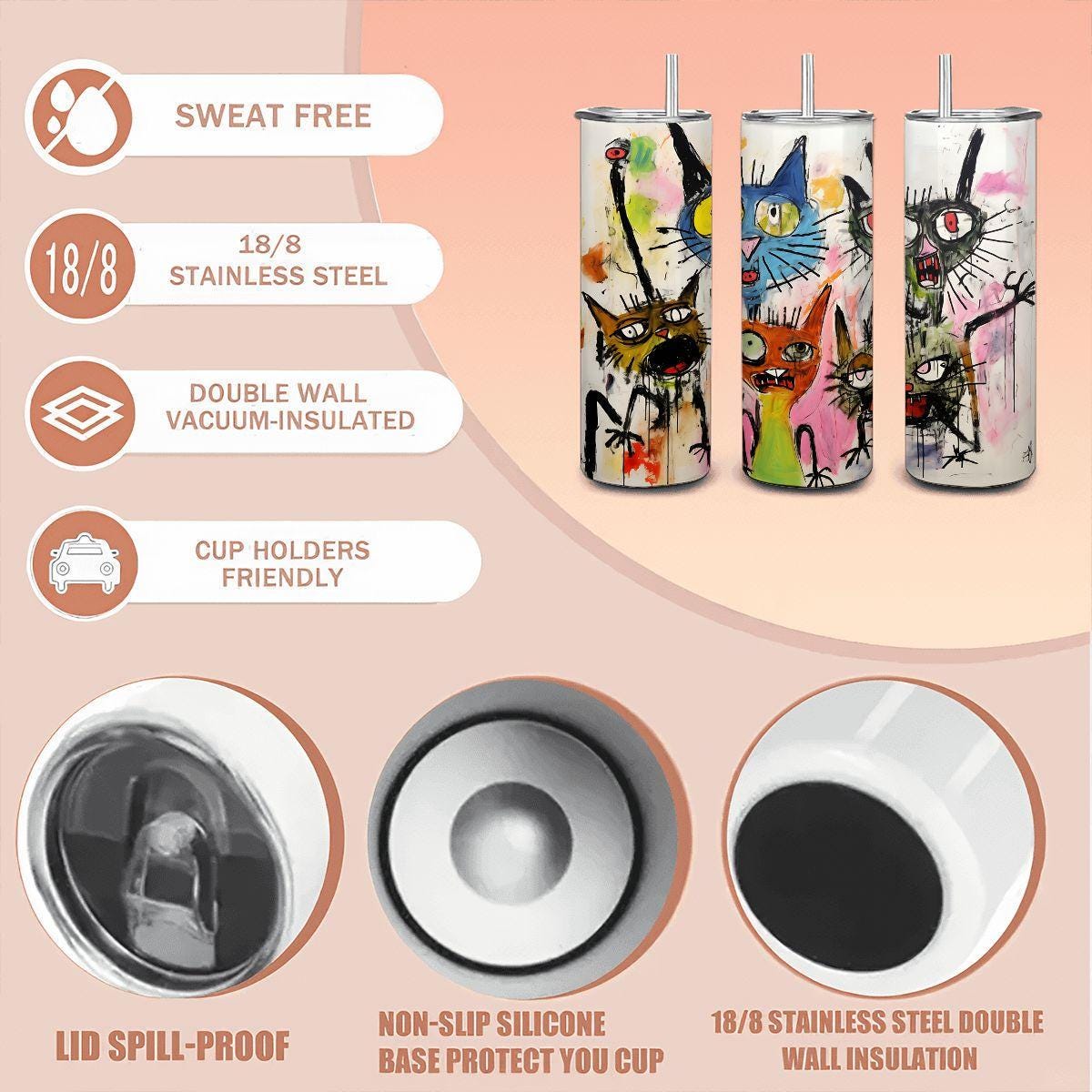 ColorFlow | Cat Chaos Tumbler | Wild Abstract Cat Art Cup | 20oz Stainless Steel Travel Mug with Straw | Gift for Cat Lovers
