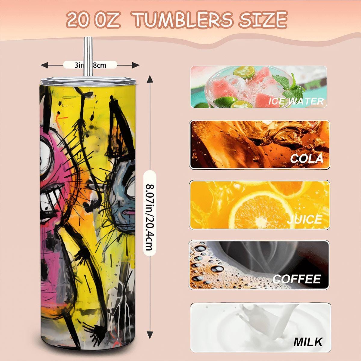 ColorFlow | Doodle Cats Tumbler | Abstract Cat Art Cup | 20oz Stainless Steel Travel Mug with Straw | Gift for Cat Lovers