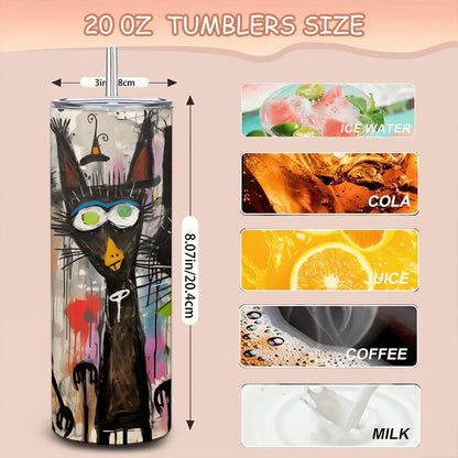 ColorFlow | Black Cat Trio Tumbler | Abstract Cat Art Cup | 20oz Stainless Steel Travel Mug with Straw | Halloween Cat Gift