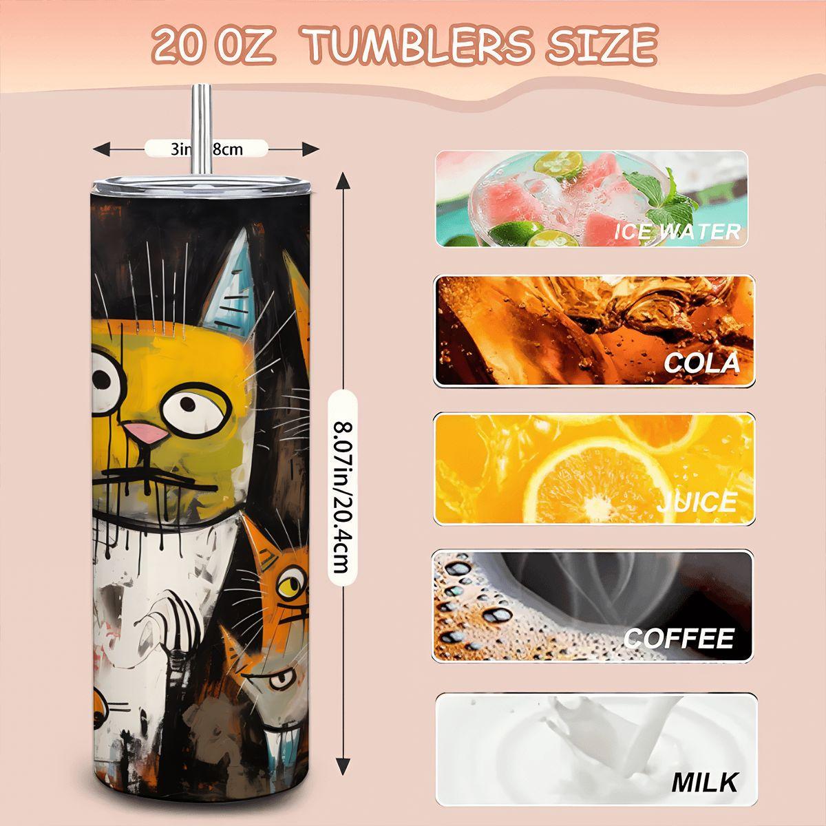 ColorFlow | Crazy Cat Family Tumbler | Abstract Cat Art Cup | 20oz Stainless Steel Travel Mug with Straw | Gift for Cat Lovers