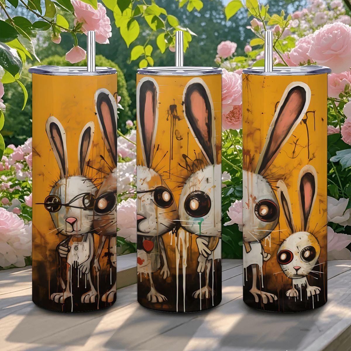 ColorFlow | Bunny Family Tumbler | Abstract Rabbit Art Cup | 20oz Stainless Steel Travel Mug with Straw | Gift for Animal Lovers