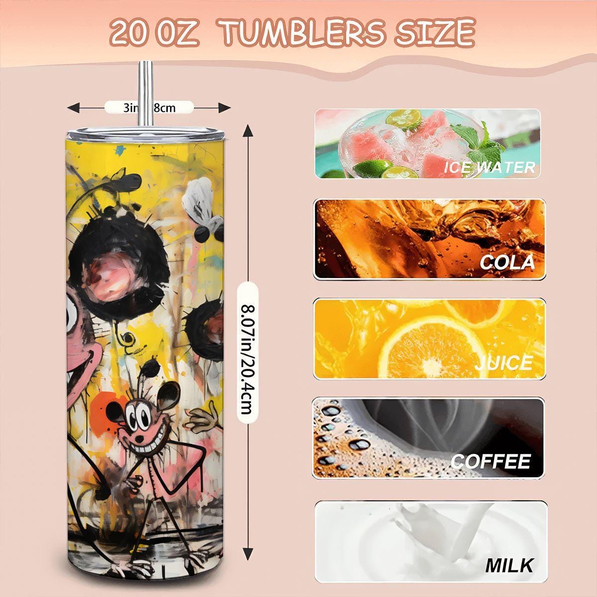 ColorFlow | Playful Doodle Mouse Trio Tumbler | 20oz Stainless Steel Travel Cup | Funny Cartoon Art Mug | Cute Gift for Coffee Lovers